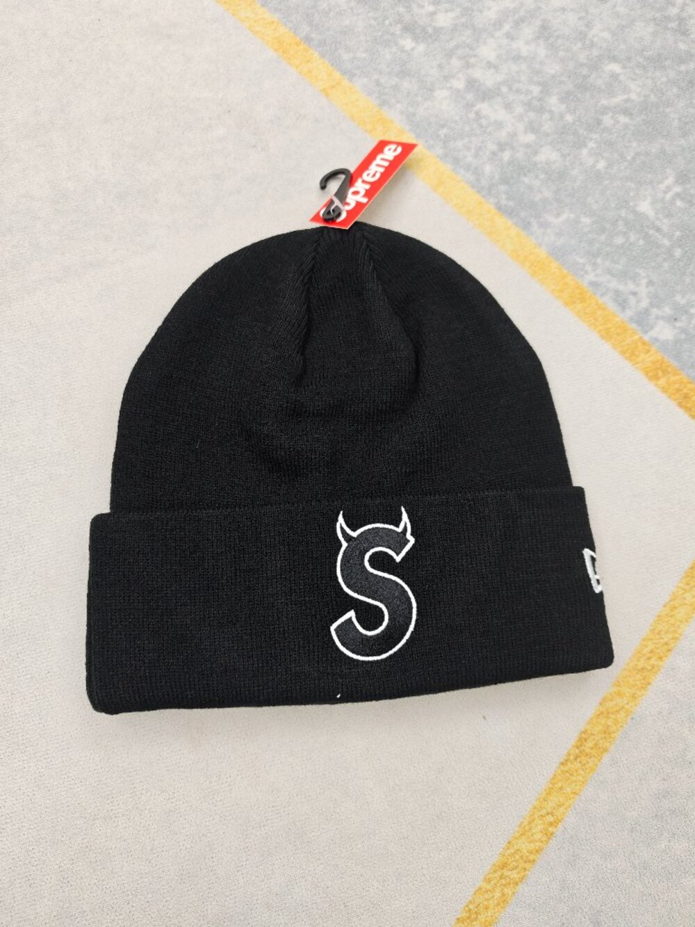 Supreme Black Beanie with White Oversized Logo